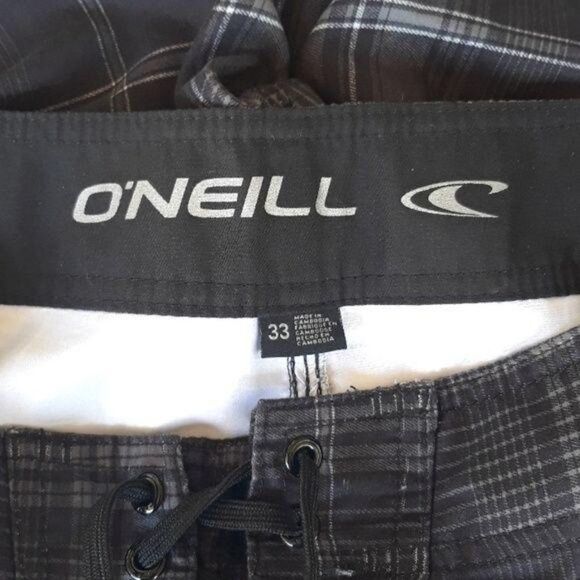 O'Neill Board Shorts Swim Trunks Black Plaid Sz 33 - Picture 2 of 8